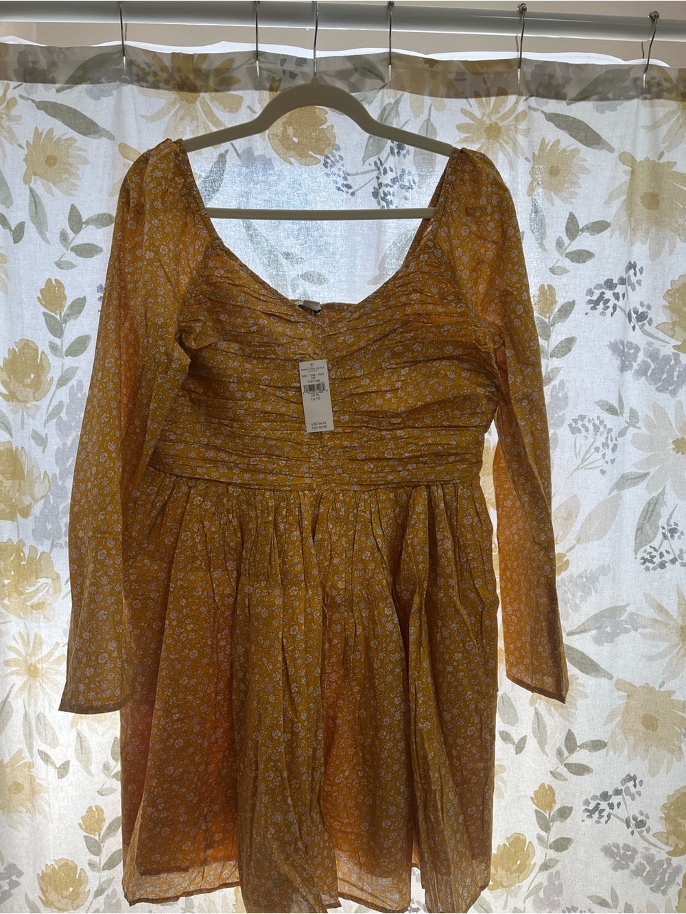 American Eagle Outfitters Yellow Floral Long-Sleeve Mini Dress